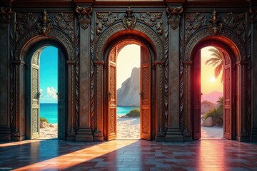 Fototapeta premium Three ornate doors, each leading to a different exotic locale, adventure, sun