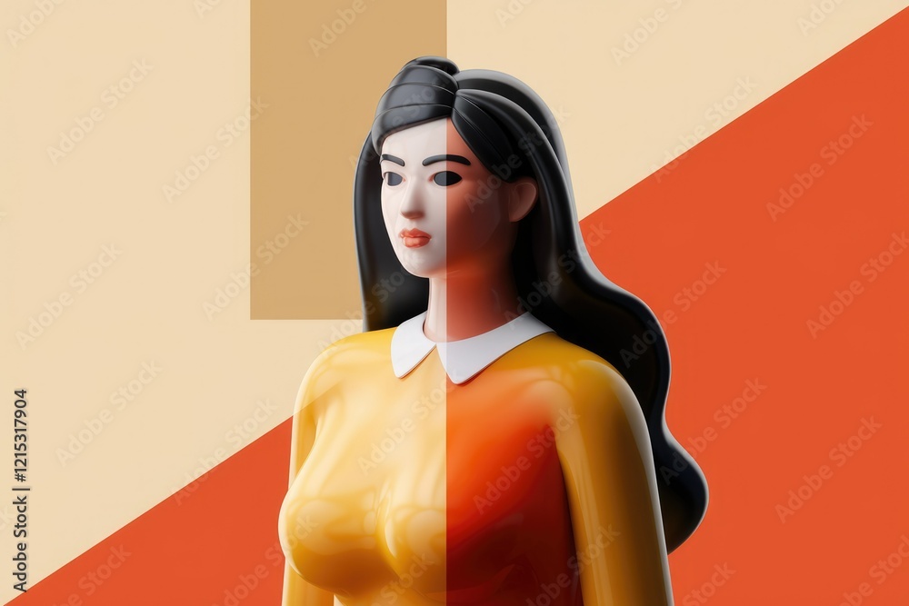Poster a 3d-rendered illustration of a woman, split into two contrasting color palettes, symbolizing dualit