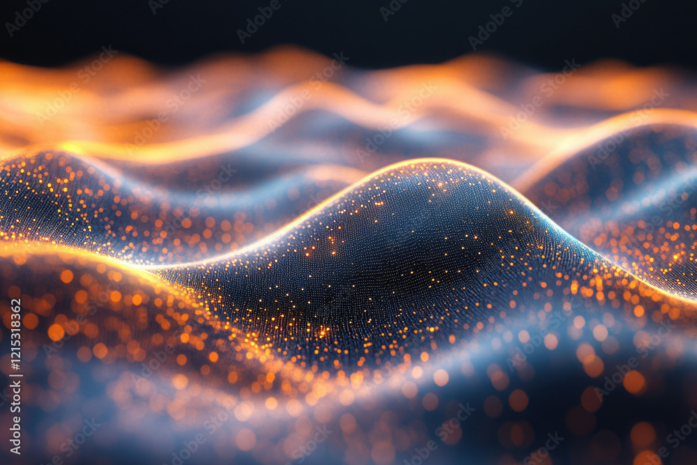 Poster abstract digital landscape with glowing particles forming undulating waves, showcasing technological