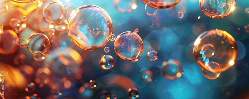 Poster vivid bubbles floating with a gradient blue-orange backdrop for a dreamy feel