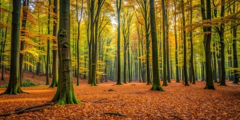 Fototapeta premium Dense forest with towering trees and a carpet of fallen leaves, tall trees, wilderness areas
