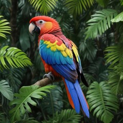 Obraz premium Detailed image of a brightly colored parrot's plumage against a backdrop of lush tropical leaves, bird's plumage, vibrant colors