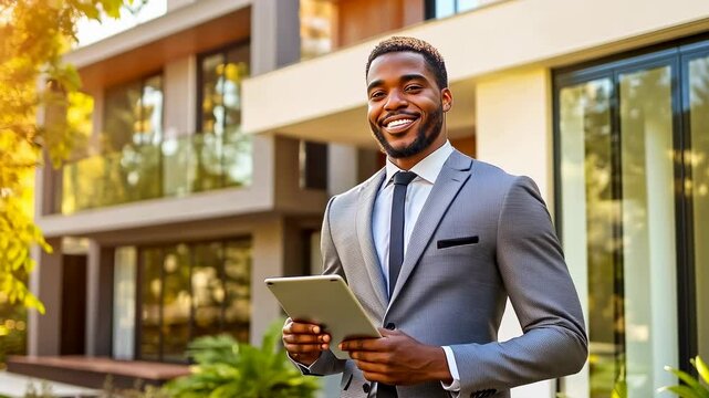 Young African man American holding tablet modern home Professional dressed suit interacts digital device suburban setting enjoying technology outdoors Businessman formalwear s exterior Comfortable
