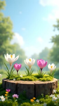 Fototapeta Colorful spring flowers around wooden platform in quiet garden