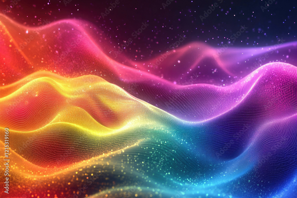 Fototapete abstract rainbow wave background with glittering particles, vibrant colors and dynamic motion.
