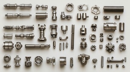 Obraz premium Precision metal parts arranged on white background; industrial components; manufacturing catalog
