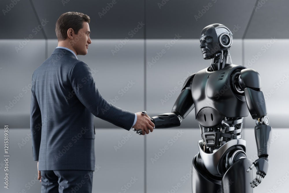 Poster a businessman shakes hands with a sophisticated robot, symbolizing collaboration between humans and 