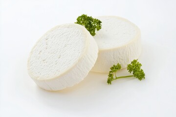 Delightful cheese rounds with fresh parsley accentuating their creamy texture on a bright white backdrop
