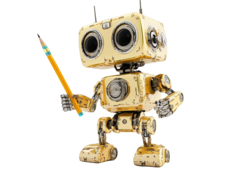 Isolated Gold Robot Holding Pencil