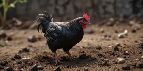 Fototapeta premium Dwarf black Cochinchina chicken scratching in the soil with claws, black, cochinchina