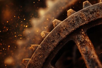Close-up of rusty gears with sparks flying, depicting industrial strength and age.