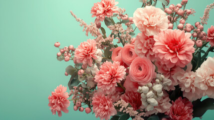 A Captivating Photorealistic Image of a Winter Flower Bouquet Exploding in Pink, Featuring Mono-Colored Bold Blooms Set Against a Calming Mint Green Background