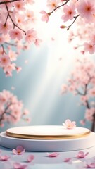 A podium of cherry blossom trees surrounds the platform, with petals falling softly in a tranquil setting.