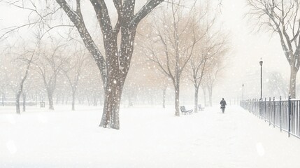 Snowy park path, person walking, winter storm, urban background, serene scene