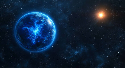 Obraz premium The Earth, a planet with a blue-glowing star, the sun, shining in the dark space background, viewed from above. 