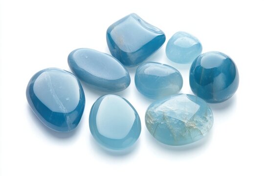 Colorful selection of chalcedony stones showcasing unique shapes and textures on a clean white surface
