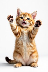 Obraz premium Adorable cat sitting on white background with paws up in the air, white background, animals, cats