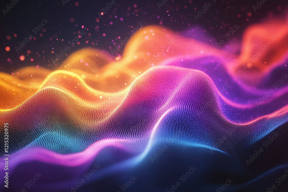 Poster Abstract colorful waves of particles, glowing with vibrant hues and dynamic motion, creating a mesmerizing digital landscape.