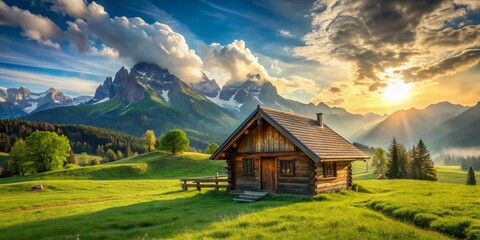 Fototapeta premium Rustic Wooden Cabin Mountain Meadow Landscape - Idyllic Rural Scene Stock Photo