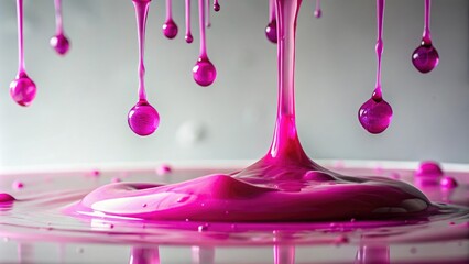 Droplets of fuchsia colored slime fall onto a white surface in a sterile environment, scienceexperiment, juicy