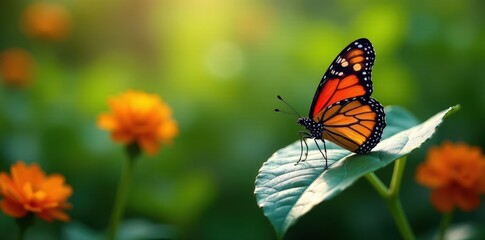 Fototapeta premium A monarch butterfly resting on a leaf in a garden setting , flora, greenery, leaves