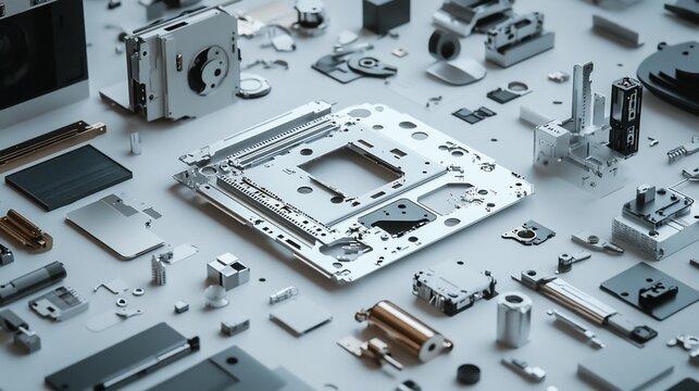 Silver computer motherboard surrounded by components on a white surface, showcasing technological assembly