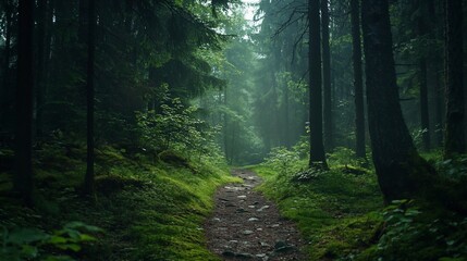Obraz premium Misty forest path, rain, greenery, nature, travel, adventure background, scenic