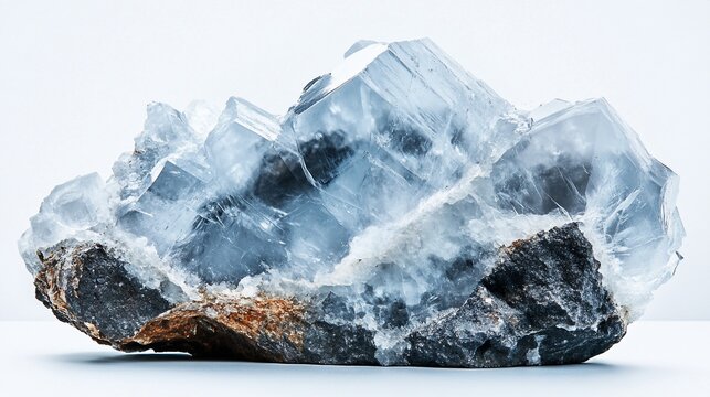 Blue calcite crystal cluster on rock, studio shot, white background, geology sample