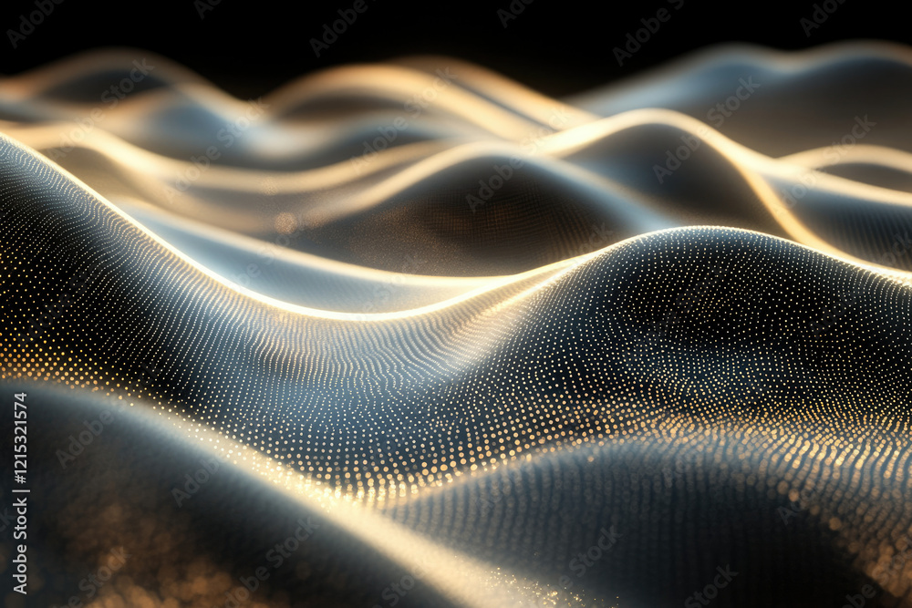 Aufkleber Abstract 3D rendering of illuminated, undulating particle wave pattern, resembling a digital landscape.