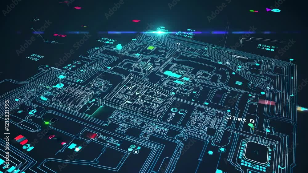 Poster exploring advanced technology and circuit designs with innovative visuals in a digital environment