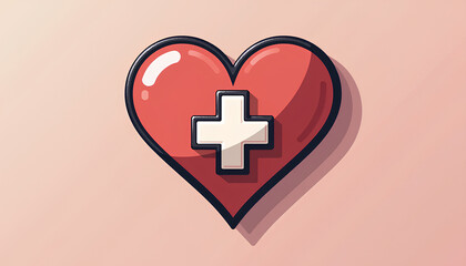 Obraz premium Glossy Red Heart with White Medical Cross Symbol on Peach Background