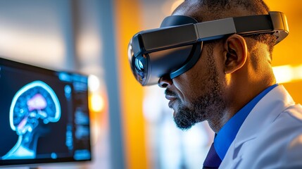 A man in a lab coat uses virtual reality goggles while analyzing brain scans on a screen, showcasing advancements in medical technology.