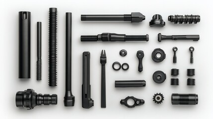 Fototapeta premium Black metal parts arranged on white background, showcasing precision engineering for industrial design