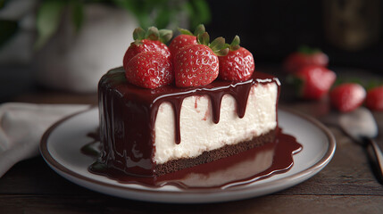 Decadent Chocolate Cake with White Frosting, Drizzled Chocolate, and Fresh Strawberries