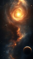 Fototapeta premium Cosmic swirl, nebula, bright star, planets, and spacecraft.