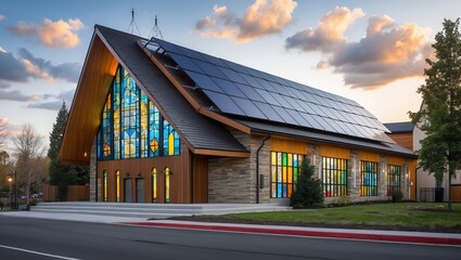 Modern Eco-Friendly Church with Stained Glass and Solar Panels