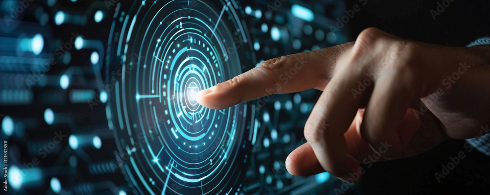 Poster Businessman navigates big data analytics using a futuristic digital interface with his fingertip