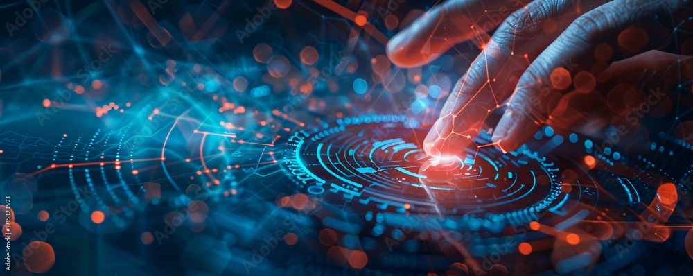 Poster Businessman is using a futuristic holographic interface with data analysis and charts