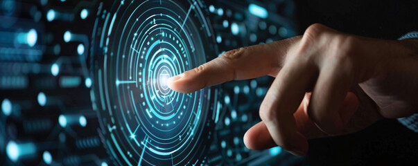 Businessman navigates big data analytics using a futuristic digital interface with his fingertip