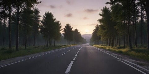 Fototapeta premium Empty road circuit surrounded by dense trees at dusk, landscape, nature, green