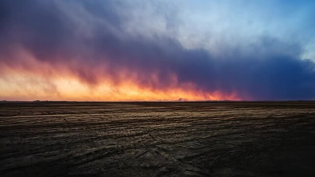 Dramatic sunset over a barren landscape creates a stunning display of color and texture in the sky and earth