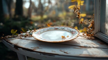 Naklejka premium Sunlight softly illuminates a delicate porcelain plate adorned with floral patterns on a rustic table, evoking a sense of nostalgia and simple elegance.