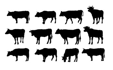 Set of silhouette of a cow side view - vector illustration