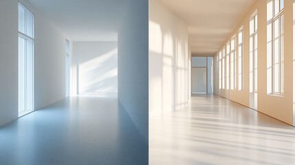 Sunlight in Two Empty Modern Hallways