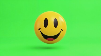 Yellow smiling emoji, emoticon with happy expression on bright green background