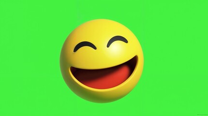 Fototapeta premium Yellow smiling emoji, emoticon with happy expression on bright green background