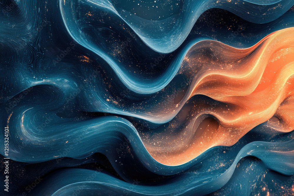 Aufkleber Abstract art depicting flowing, luminous waves in teal and orange, interspersed with glittering particles.