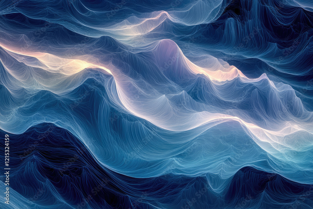 Poster abstract landscape of flowing, luminous lines creating a dreamy, ethereal mountain range.