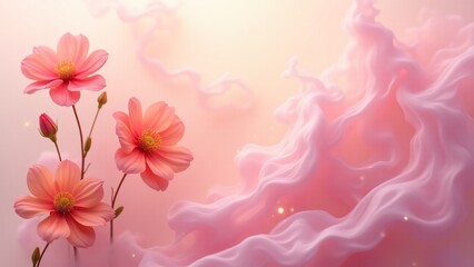 Delicate flowers bloom amid pink and lavender smoke, blending vibrant petals with golden highlights. A dreamy ivory-to-peach gradient enhances this ethereal and romantic abstract design.