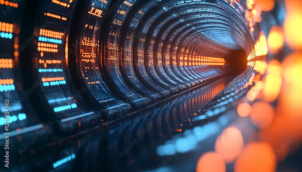 Fototapete futuristic data tunnel with glowing digital lights and reflective surfaces : generative ai